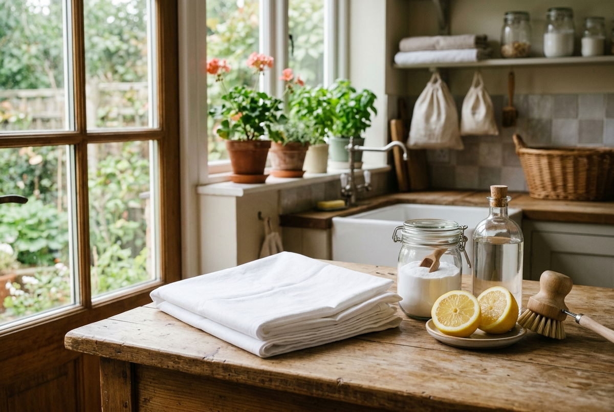 Nappe blanche pliée sur un plan de travail à côté de bicarbonate, de vinaigre blanc, d'un citron coupé et d'une brosse douce Image