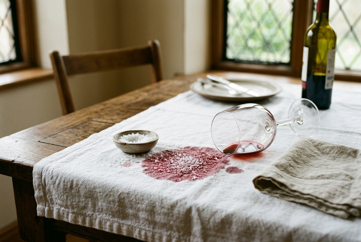 Tache de vin rouge sur une nappe blanche en coton, recouverte de gros sel, à côté d'un verre renversé Image