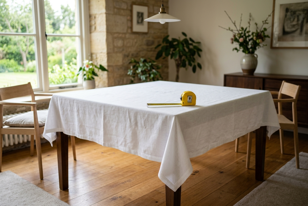 Table rectangulaire dressée avec une nappe blanche retombant régulièrement d'environ 25 cm sur chaque côté, mètre ruban posé dessus Image