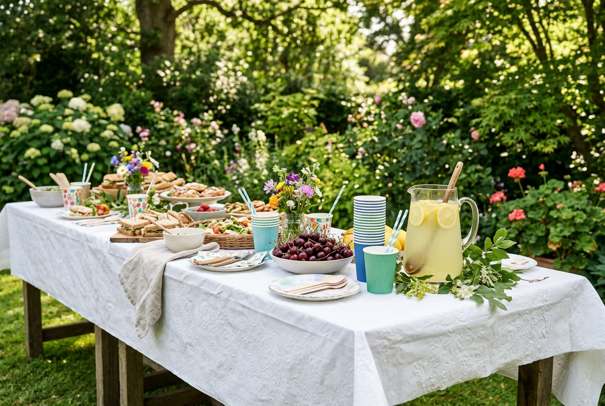 Buffet de jardin recouvert d'une nappe blanche en papier damassé, avec gobelets, cerises et carafe de citronnade