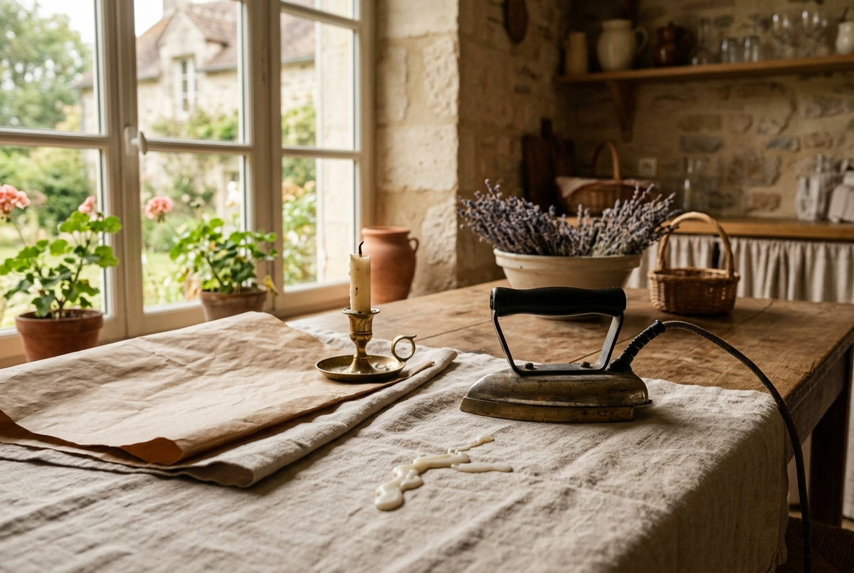 Coulure de cire blanche sur une nappe en lin beige, recouverte d'une feuille de papier kraft à côté d'un fer à repasser