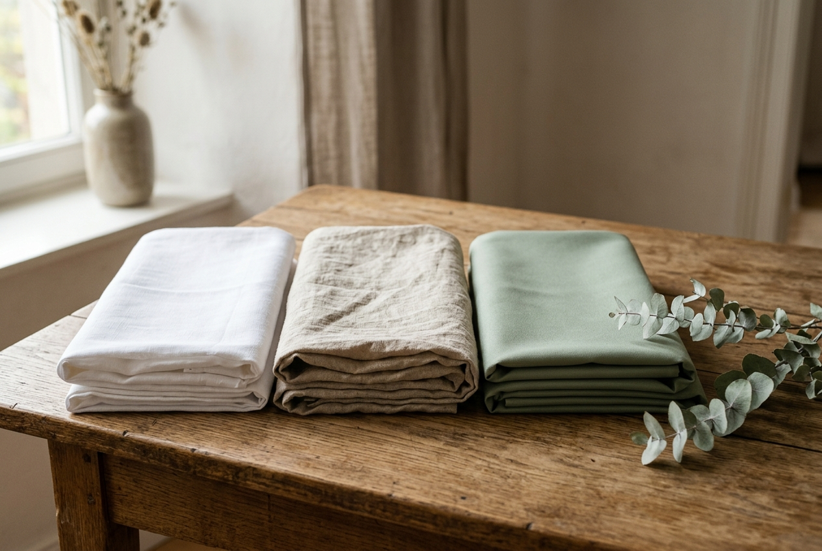 Trois nappes pliées côte à côte : coton blanc, lin lavé naturel et polyester vert sauge, avec un brin d'eucalyptus Image