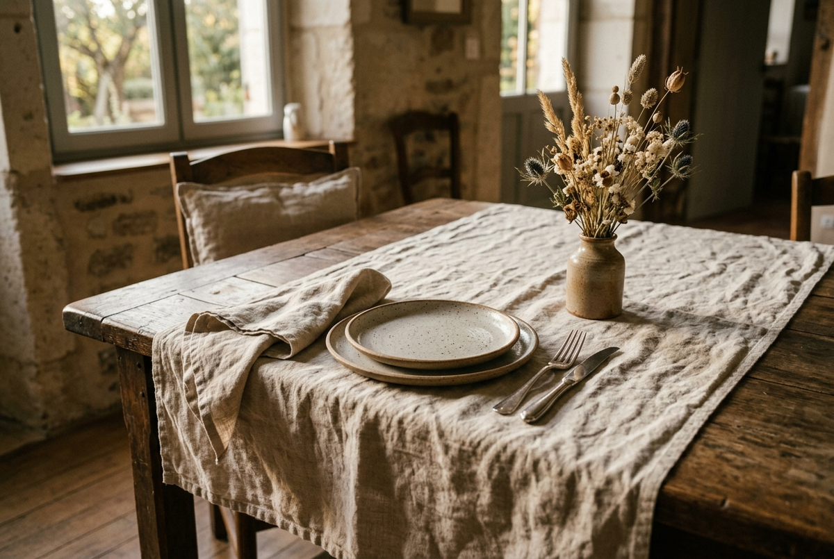 Nappe en lin lavé couleur avoine aux plis souples sur une table en bois rustique, assiettes en grès et fleurs séchées
