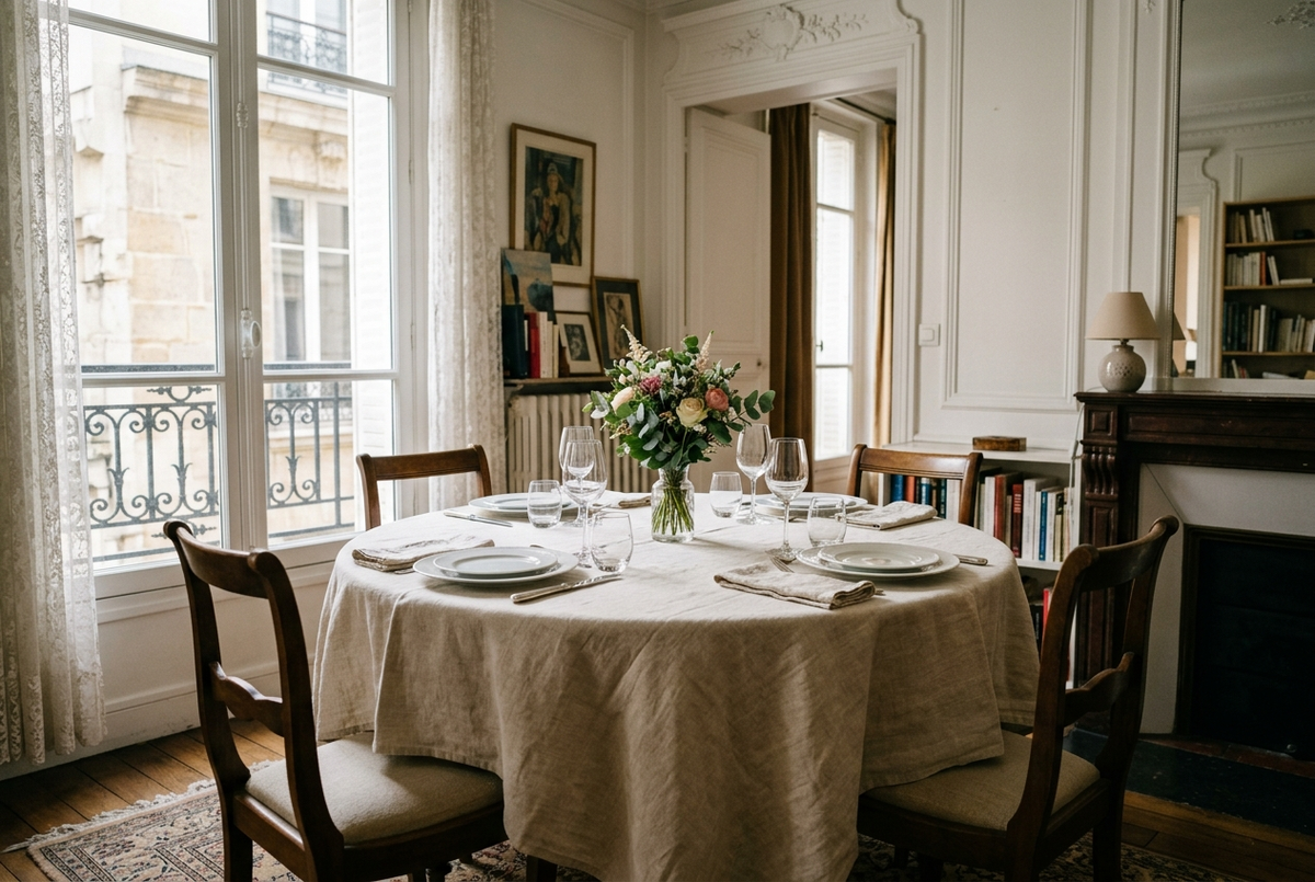 Table ronde dressée pour quatre avec une nappe ronde en lin crème tombant en plis réguliers Image