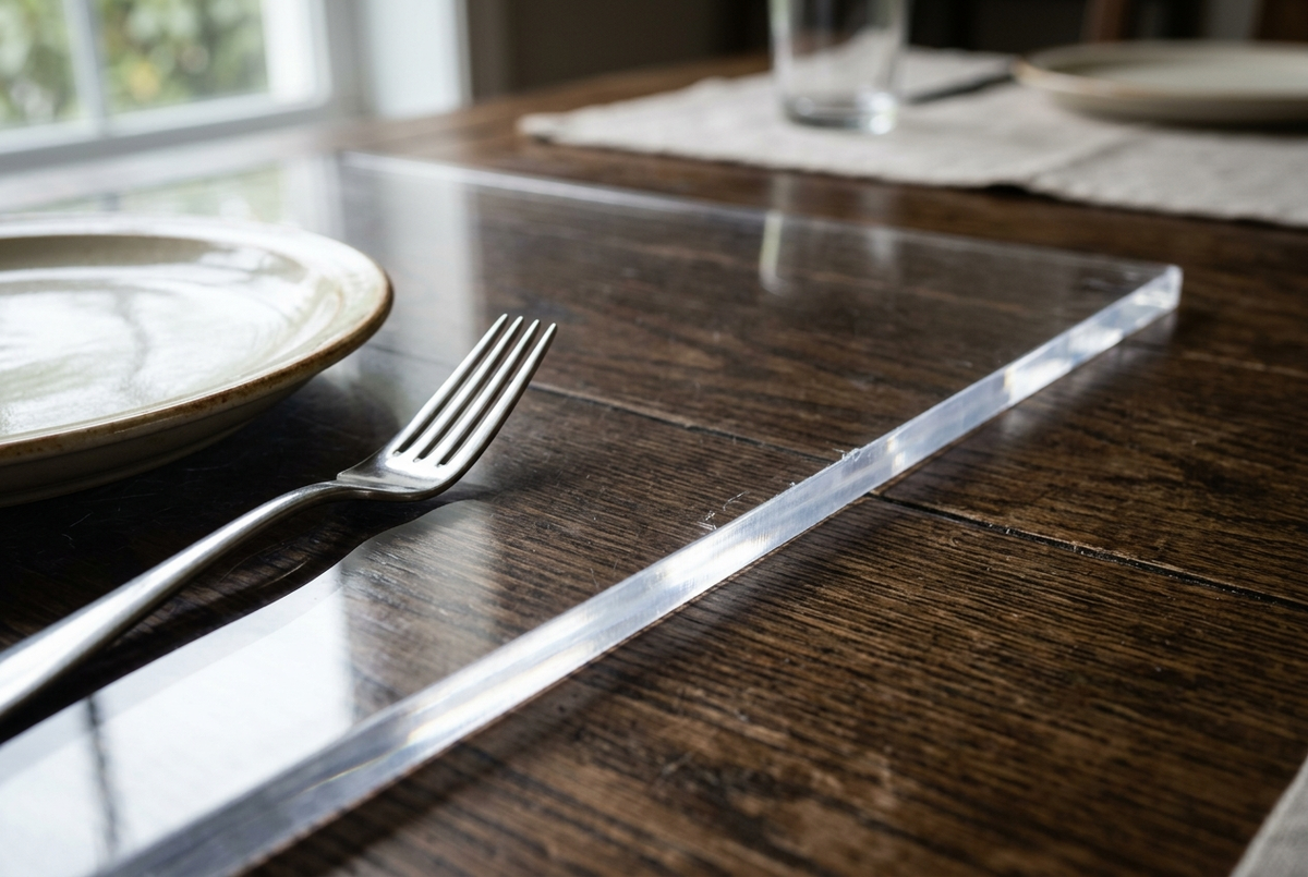 Bord d'une protection de table en PVC cristal épais posée sur une table en bois sombre, épaisseur visible à la tranche Image