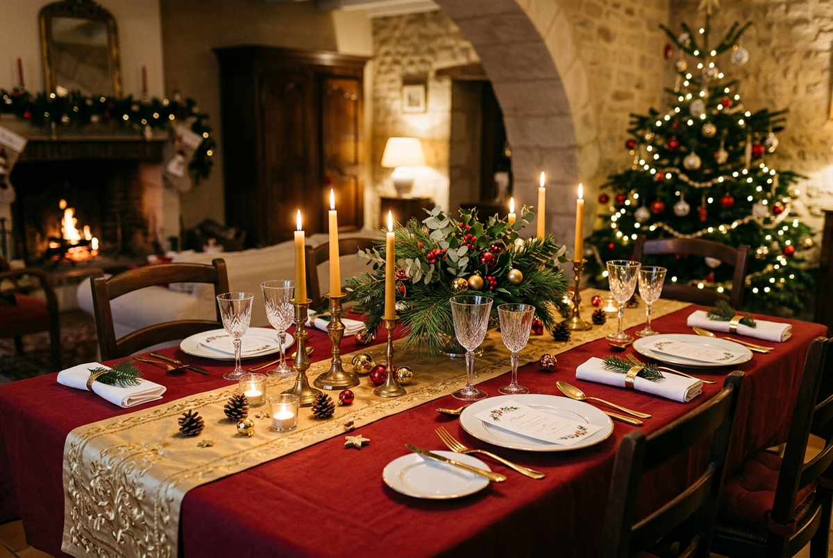 Table de réveillon de Noël avec nappe rouge profond, chemin de table doré, bougies, branches de sapin et boules