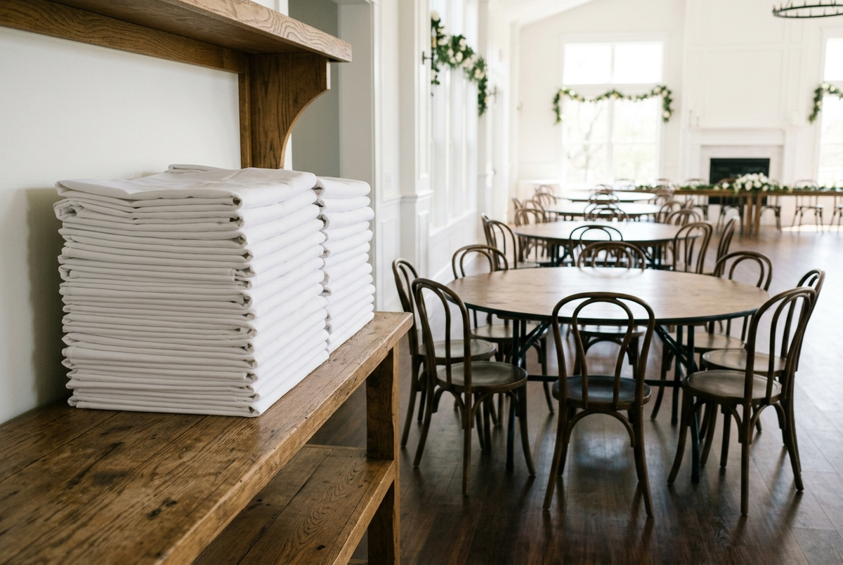Pile de nappes blanches de banquet pliées sur une étagère en bois, à côté de tables rondes vides dans une salle de réception Image