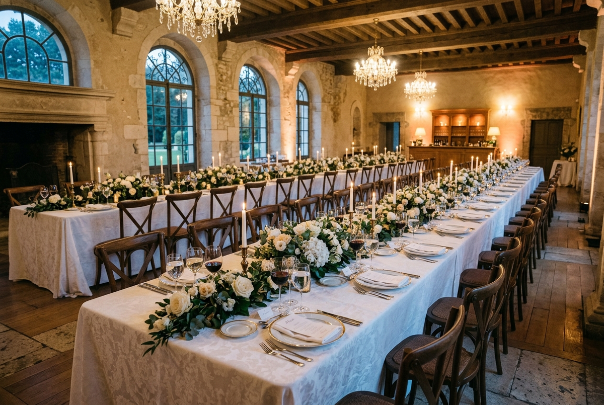Salle de réception de mariage avec longues tables drapées de nappes blanches jusqu'au sol, bougies et fleurs blanches
