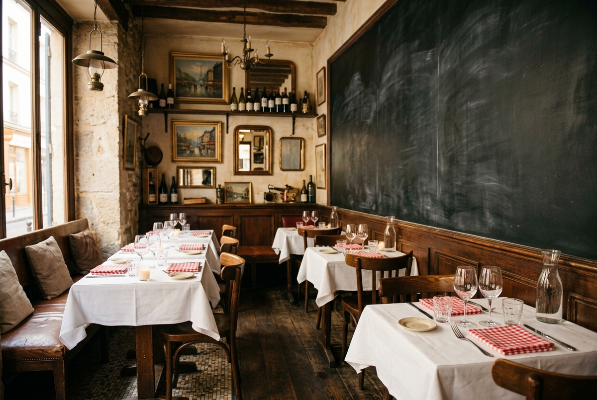 Salle de bistrot français avec petites tables en nappes blanches, serviettes à carreaux rouges et verres à vin