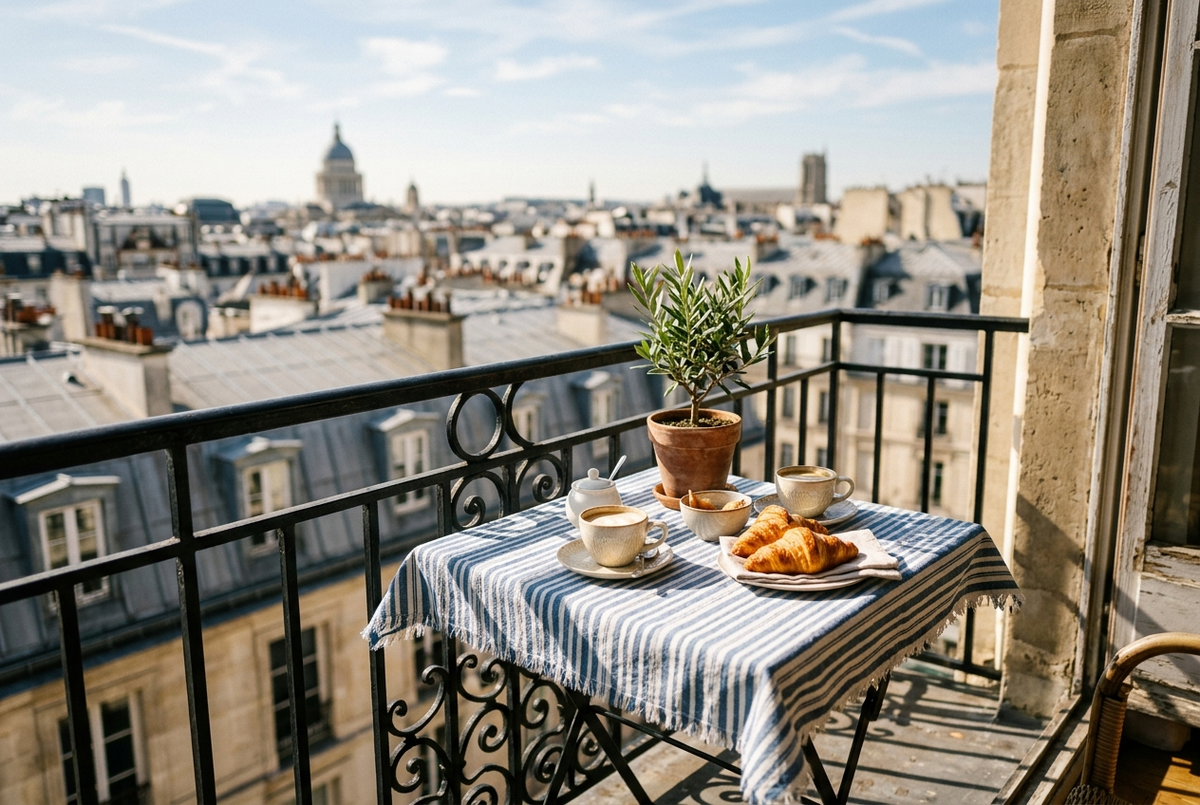 Petite table de bistrot carrée sur un balcon ensoleillé, nappe carrée rayée bleu et blanc, cafés et croissants Image