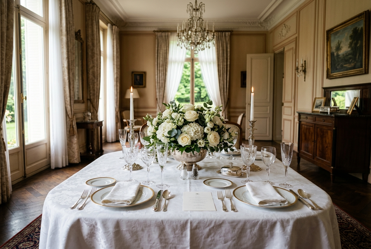 Table élégante avec nappe blanche damassée impeccable, porcelaine fine, verres en cristal, couverts en argent et roses blanches Image