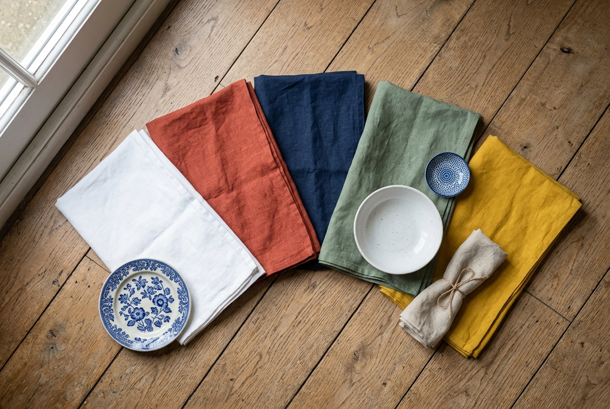 Cinq nappes pliées en éventail comme une palette : blanc, rouge terracotta, bleu marine, vert sauge et jaune moutarde, avec vaisselle en céramique