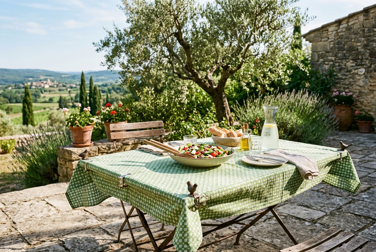 Table de jardin sur une terrasse en pierre avec nappe verte et blanche tenue par des pinces à nappe, déjeuner d'été Image