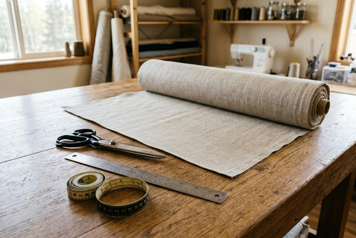 Rouleau de tissu à nappe déroulé sur une grande table de travail, avec ciseaux de tailleur, règle métallique et mètre ruban