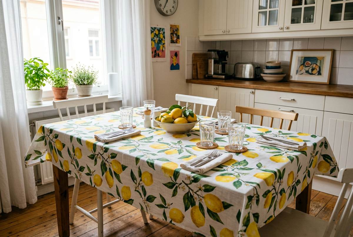 Table de cuisine joyeuse avec une nappe imprimée en polyester à motif de citrons, verres simples et coupe de fruits Image