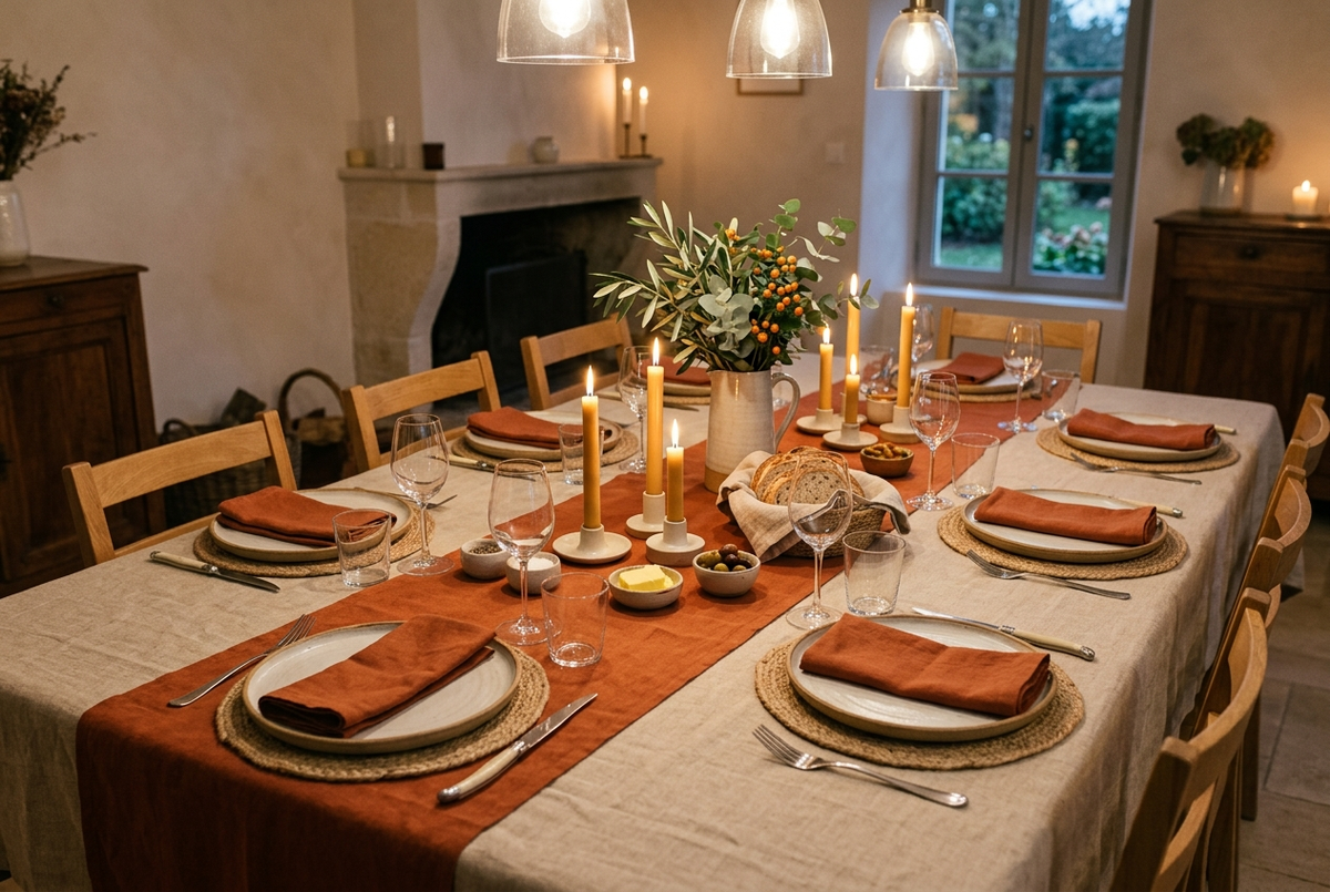 Table dressée avec nappe en lin naturel, chemin de table terracotta et serviettes terracotta pliées sur les assiettes en céramique Image