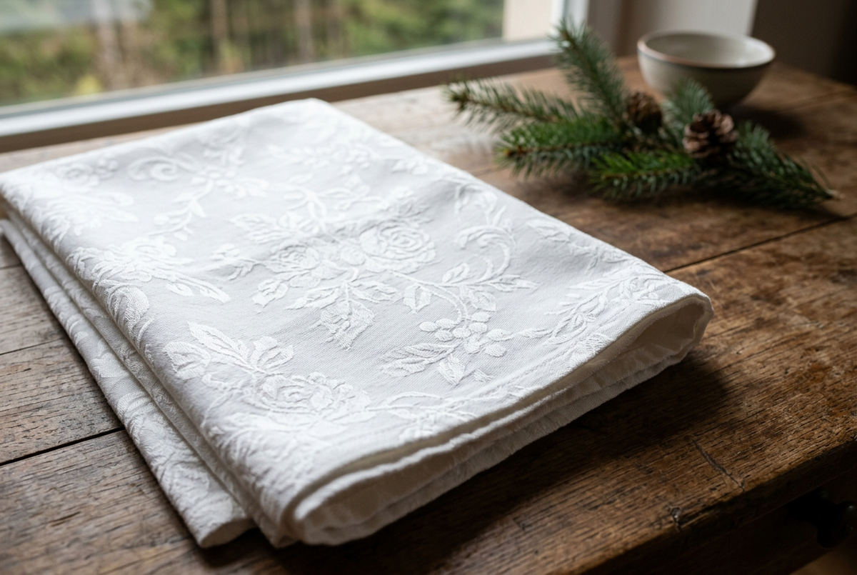 Gros plan sur une nappe blanche en coton damassé au motif floral tissé, pliée sur une table ancienne, brin de sapin en arrière-plan Image