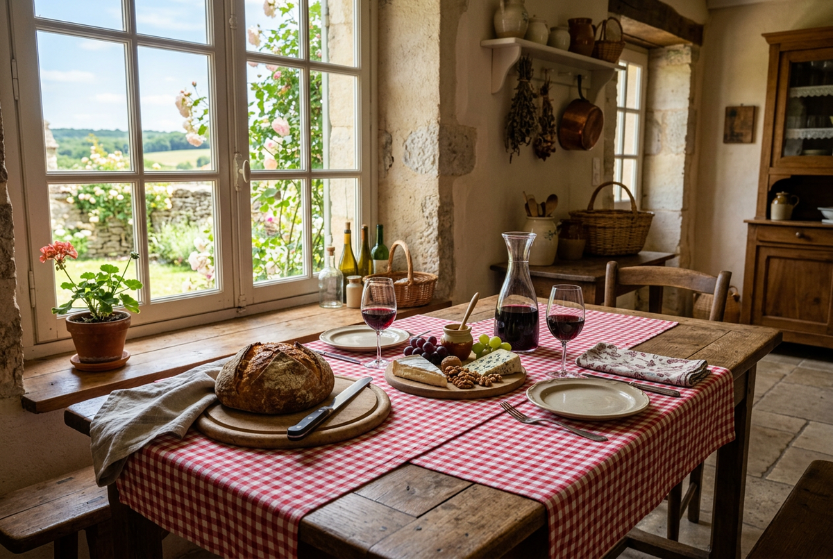 Nappe vichy rouge et blanche sur une table de cuisine campagnarde avec pain, plateau de fromages et carafe de vin rouge Image