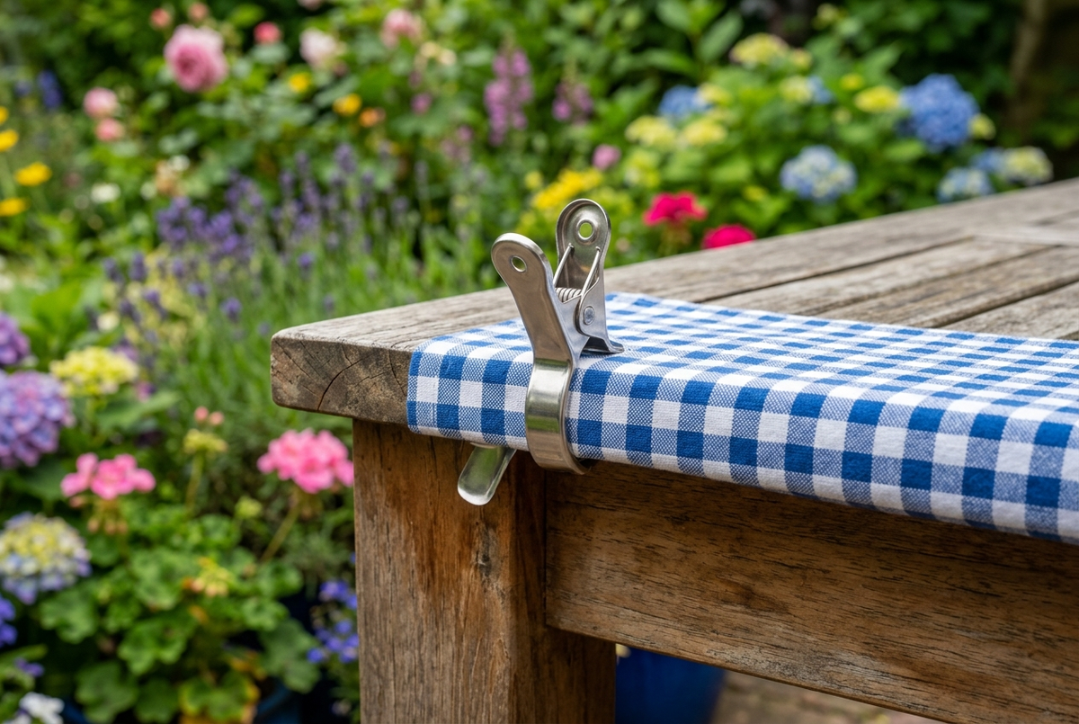 Pinces à nappe en inox maintenant une nappe bleue et blanche au bord d'une table de jardin ensoleillée Image