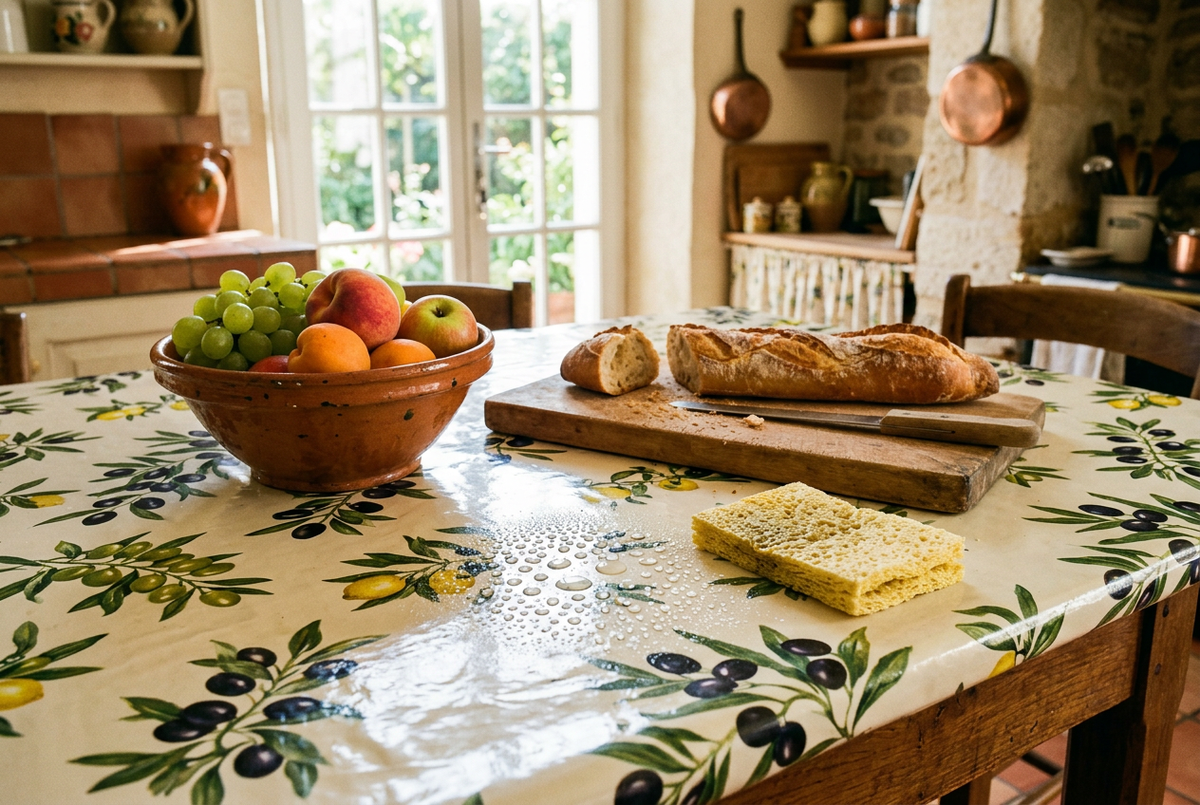 Table de cuisine couverte d'une toile cirée à motif d'olives provençales, avec bols, baguette et pot de confiture Image